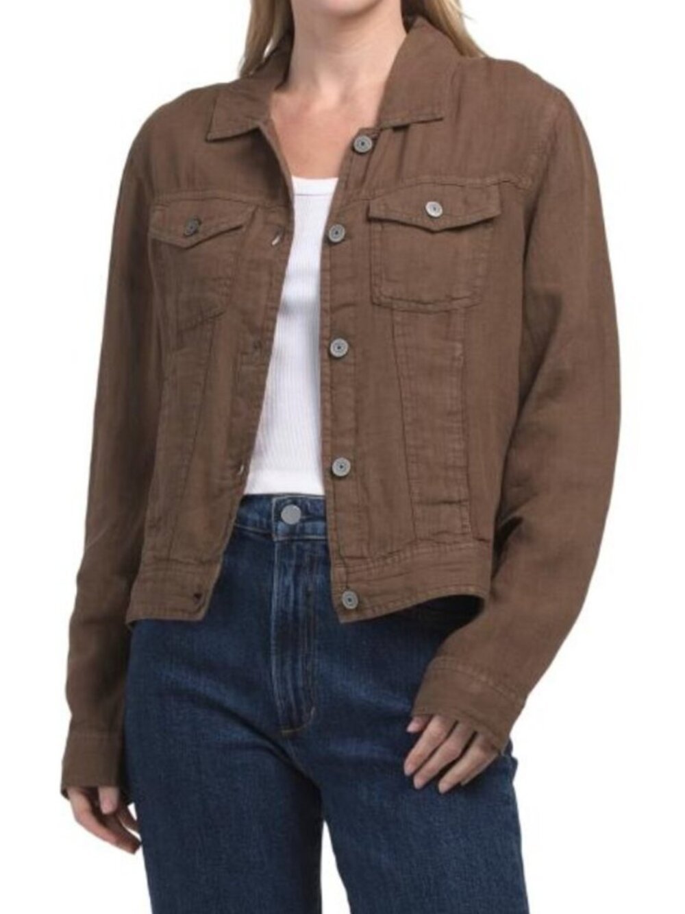 JONES & CO JONES NEW YORK Linen Jean Jacket With Metal Trims